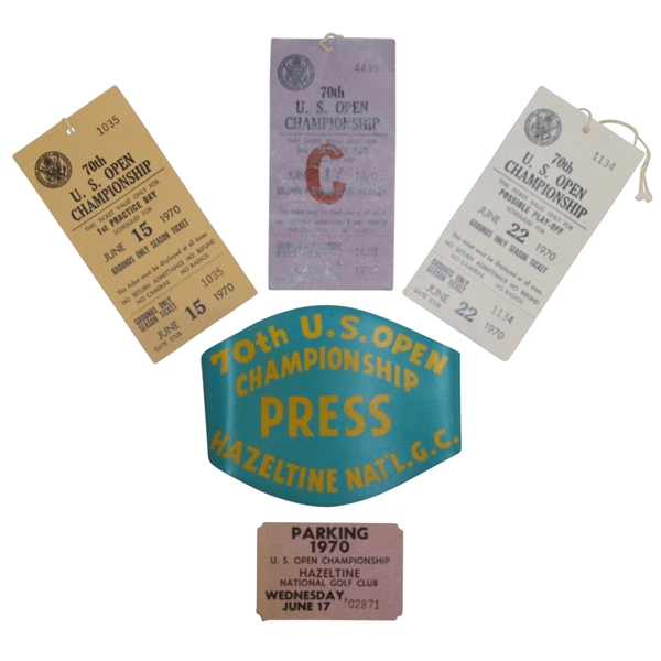1970 US Open Press Badge, Parking Pass, Three Unused Tickets