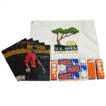 Tiger Woods Lot - 6 Wheaties Golf Ball Sleeves, 5 Sports Illustrated Magazines, 2008 Torrey Pines Embroidered Flag