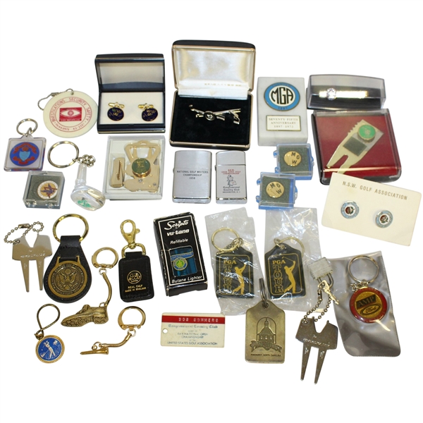 Golf Accessories Lot - Assorted Lighters, Cuff Links & Tie Tacks From Various Tournaments/Clubs