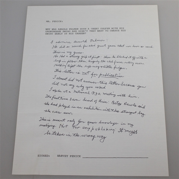 Harvey Penick Analyzing Arnold Palmers Swing - Full Page JSA AOLA