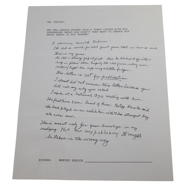 Harvey Penick Hand Written Analysis of Arnold Palmers Swing - Full Page JSA ALOA
