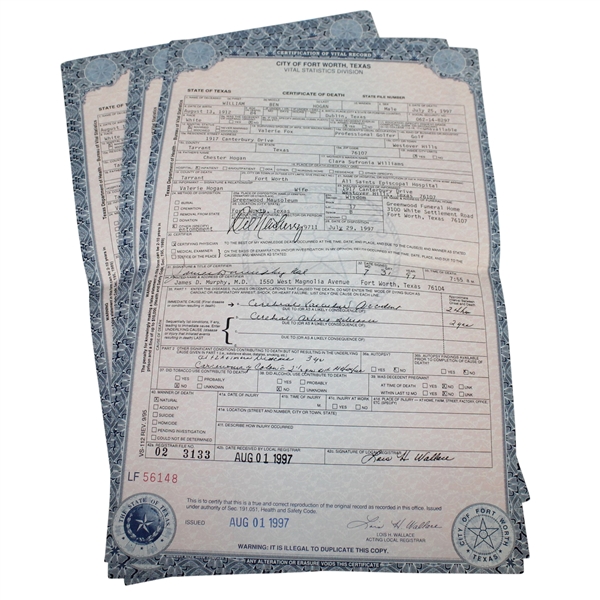 Eight Copies of Ben Hogans Death Certificate