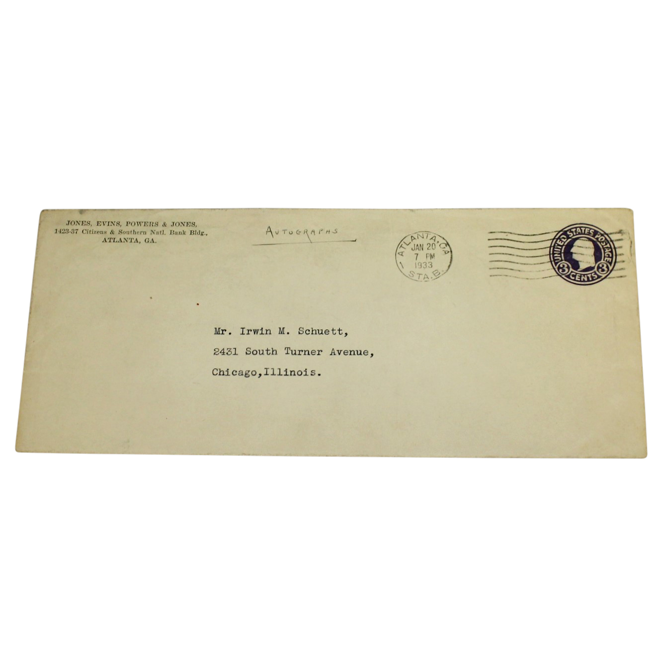 Lot Detail - 1933 Envelope From Bobby Jones Law Firm