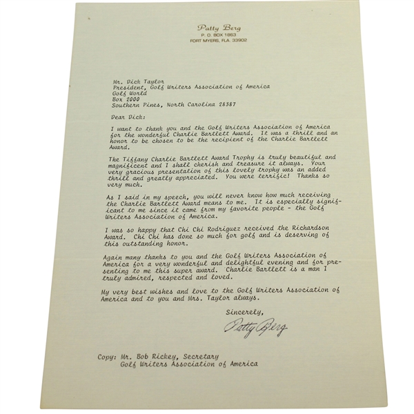 Patty Berg Signed Letter Of Thanks To Dick Taylor For The Charlie Bartlett Award JSA ALOA