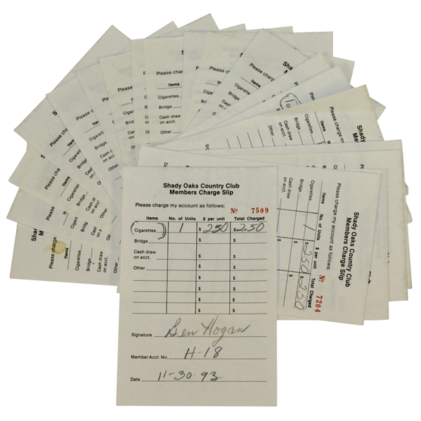 Twenty Ben Hogan Signed Shady Oaks Country Club Members Charge Slips JSA AOLA