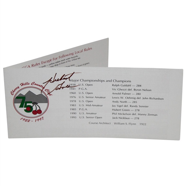 Hubert Green Signed Cherry Hills CC 75th Anniversary Champions Scorecard JSA ALOA