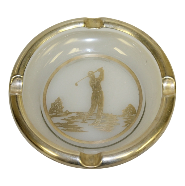 Circa 1940 Golfer Post-Swing Silver on Glass Ashtray