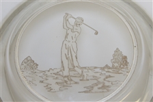 Circa 1940 Golfer Post-Swing Silver on Glass Ashtray
