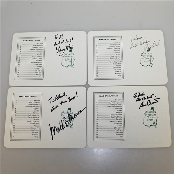 Larry Mize, Mark OMeara, Ray Floyd, & Ben Crenshaw Signed & Personalized Masters Scorecards JSA ALOA