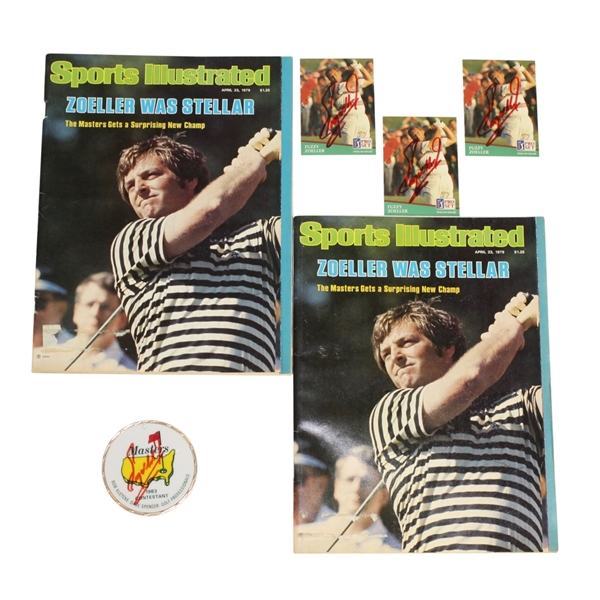 Fuzzy Zoeller Lot - 3 Signed Collectors Cards, 2 Masters Sports Illustrated Magazines, Signed Masters Tag JSA/AOLA