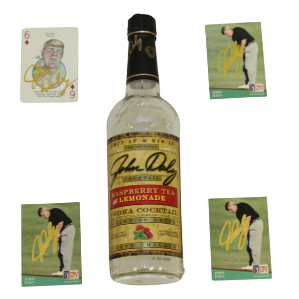 Jonh Daly Lot - 3 Signed Collectors Cards, Signed Poker Card, Signed John Daly Cocktail Bottle JSA ALOA