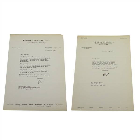 Victor Armstrong Signed Two Letters to Charles Price JSA ALOA