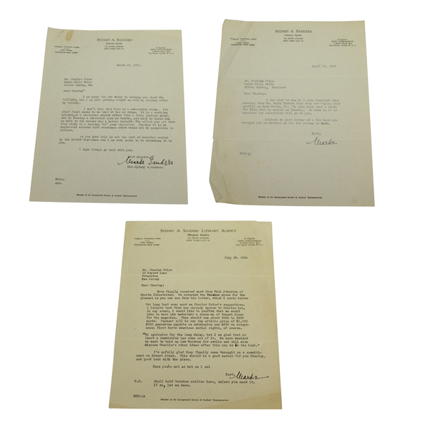 Sydney A. Sanders Signed Three Letters to Charles Price JSA ALOA