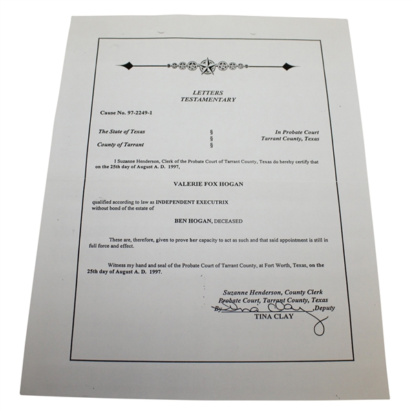 Two Copies of Valerie Hogans Letters Testamentary for Ben Hogan