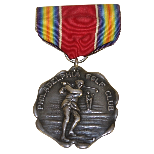 1918 Philadelphia Golf Club Sterling Silver War Chest Medal Won by E. A. Crowe with Ribbon