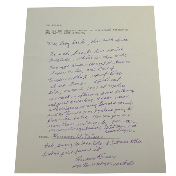 Herman Keiser Signed & Handwritten Response Letter Claiming Bobby Locke Best Player-47 Masters Content- JSA ALOA