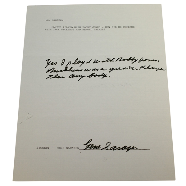 Gene Sarazen Signed & Handwritten Response Letter Comparing Jones with Nicklaus & Palmer JSA ALOA