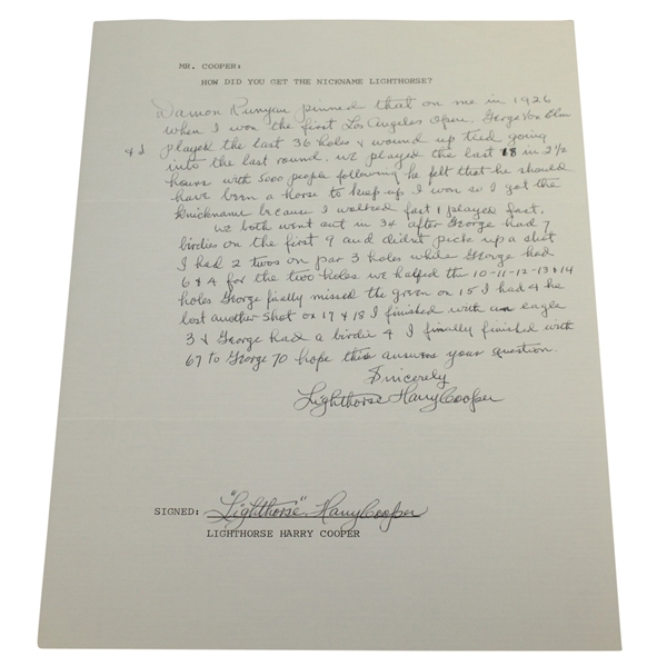 Harry Cooper  Twice Signed & Handwritten Response Letter About Lighthorse Nickname-LA Open Content- JSA ALOA