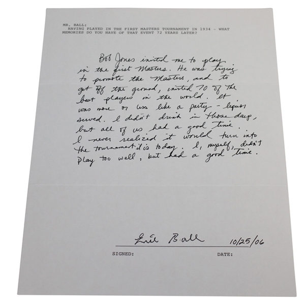 Errie Ball Signed & Handwritten Response About Playing in 1934 Masters with Jones JSA ALOA