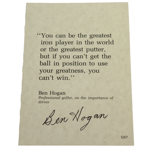 Ben Hogan Signed Quote Card About the Importance of Accurate Drives JSA ALOA