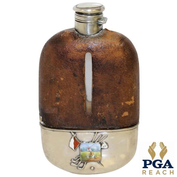 Vintage Sterling Silver, Glass & Leather Sheath Flask with Monogrammed "LGW" & Enameled Golfer