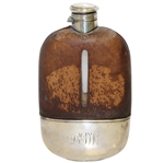 Vintage Sterling Silver, Glass & Leather Sheath Flask with Monogrammed LGW & Enameled Golfer
