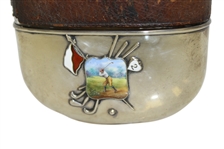 Vintage Sterling Silver, Glass & Leather Sheath Flask with Monogrammed LGW & Enameled Golfer