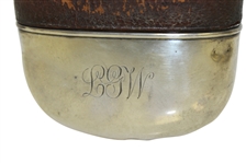 Vintage Sterling Silver, Glass & Leather Sheath Flask with Monogrammed LGW & Enameled Golfer
