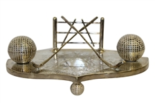 Circa 1910 Ornate Silver Silver Plate Inkwell with Golf Balls & Crossed Golf Clubs 