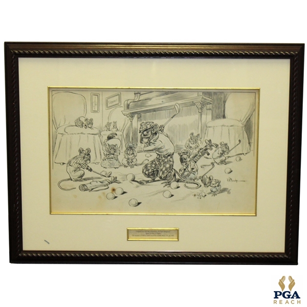 1905 Original Mice at Play Pen And Ink Golf Illustration for PUCK Magazine Signed by J.S. Pughe