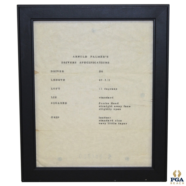 Arnold Palmers D6 Driver Specifications Sheet - Framed