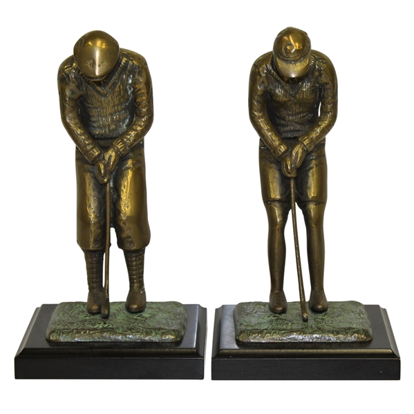 Bronze Pair of Male & Female Golfer Bookends on Plinth - Circa 1920s Era Golfers