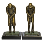 Bronze Pair of Male & Female Golfer Bookends on Plinth - Circa 1920s Era Golfers