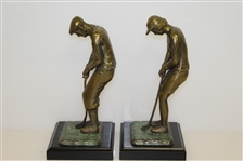 Bronze Pair of Male & Female Golfer Bookends on Plinth - Circa 1920's Era Golfers