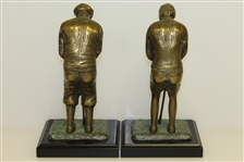 Bronze Pair of Male & Female Golfer Bookends on Plinth - Circa 1920's Era Golfers