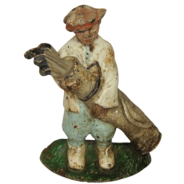 Antique Cast Iron Golfer with Golf Bag & Clubs Doorstop with Original Paint & Patina