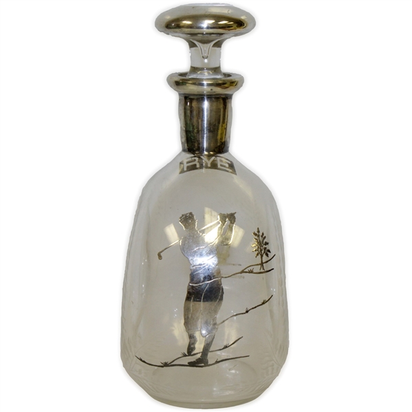 1920s Sterling Inlay Post-Swing Golfer Themed Rye Whiskey Glass Decanter with Stopper