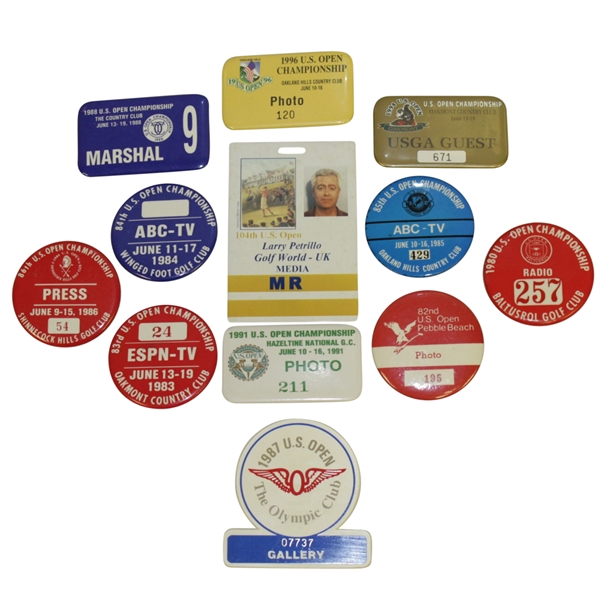 Twelve Misc. US Open Championship Badges - 1980, 1982-1988, 1991, 1994, 1996, & 2004