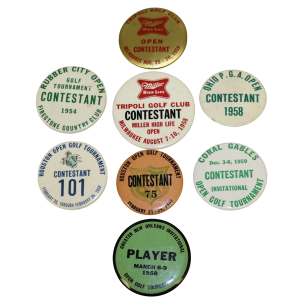 Eight 1950s Golf Contestant Badges - Houston(x2), Greater New Orleans, Ohio PGA, & Others