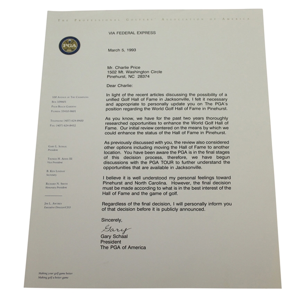 Gary Schaal Signed Letter to Charles Price - March 5, 1993 JSA ALOA
