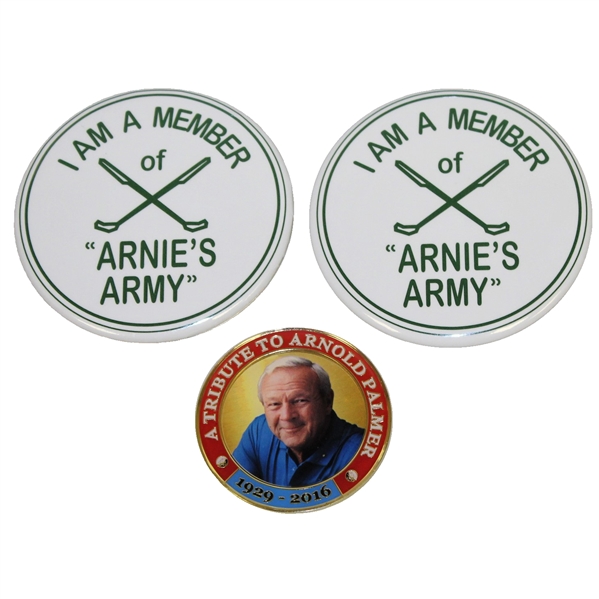 A Tribute to Arnold Palmer Coin with Two I Am A Member of Arnies Army Pins
