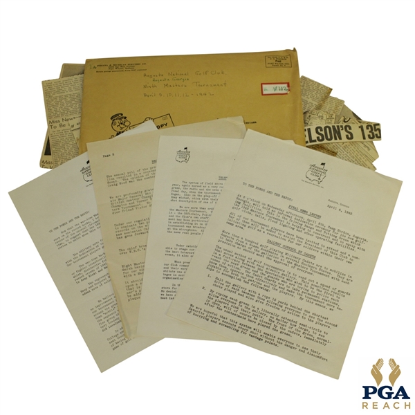 1942 Masters Tournament Press & Radio Letters Correspondence & Newspaper Clippings