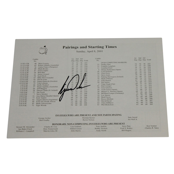 Tiger Woods Signed 2001 Masters Tournament Final Rd Sunday Pairing Sheet JSA ALOA