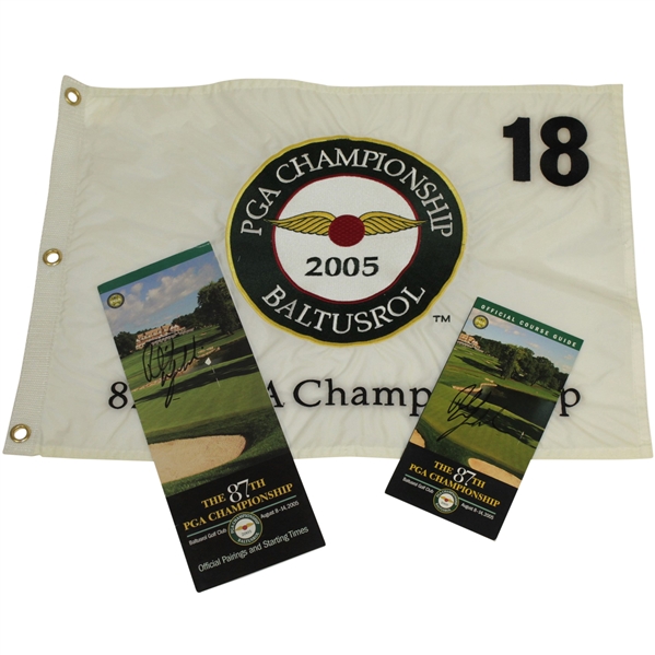 Phil Mickelson Signed 2005 PGA Championship at Baltusrol Pairing Guides with Embroidered Flag JSA ALOA