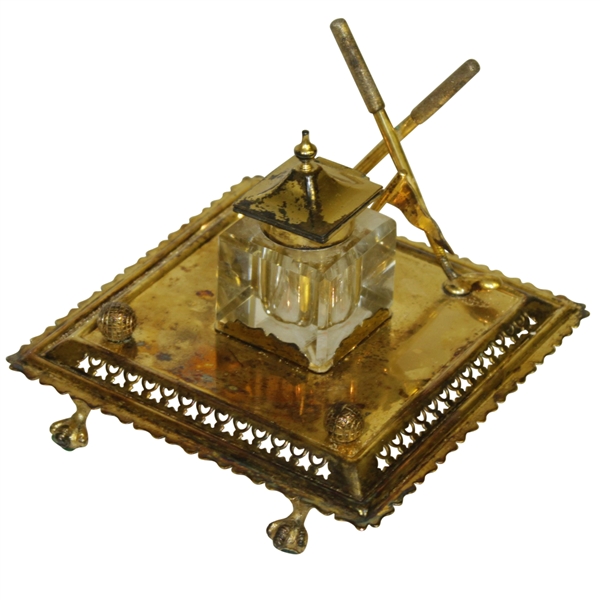 Golf Themed Vintage Inkwell With Crossed Clubs, Flagsticks & Gutty Balls - Ornate Design