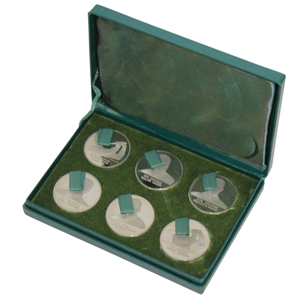 Memorial Tournament Silver Coins in Case Featuring Jones, Hagen, Ouimet, Sarazen, Nelson & Vardon