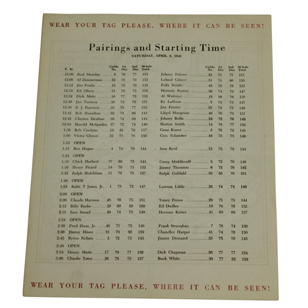 1946 Masters Tournament Saturday Pairing Sheet - Herman Keiser Victory
