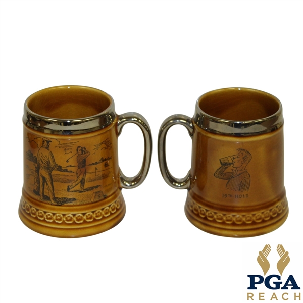 Lord Nelson Pottery of England Pair of Golf Themed Coffee Mugs - Featuring 19th Hole Illustration on Backside
