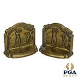 Post-Swing Time-Period Golfer and Caddie Golden Bookends 