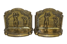 Post-Swing Time-Period Golfer and Caddie Golden Bookends 